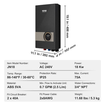 VEVOR Instant Water Heater, 18kw Electric Tankless Water Boiler, Digital Temperature Display & Easy Installation & 24-Hour Water Supply, For Kitchen Bathroom Shower Mall Salon Shampoo ETL Listed
