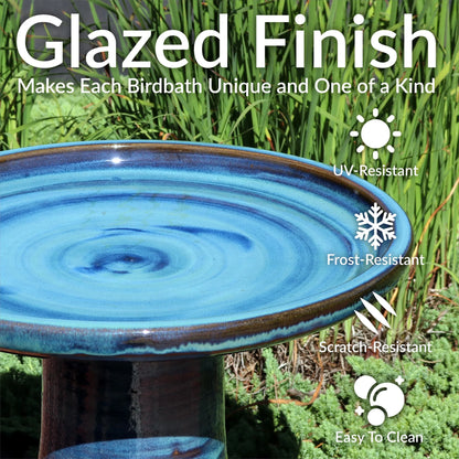 Sunnydaze Freestanding Ceramic Outdoor Bird Bath, Glazed, UV-Resistant Galaxy Blue Finish