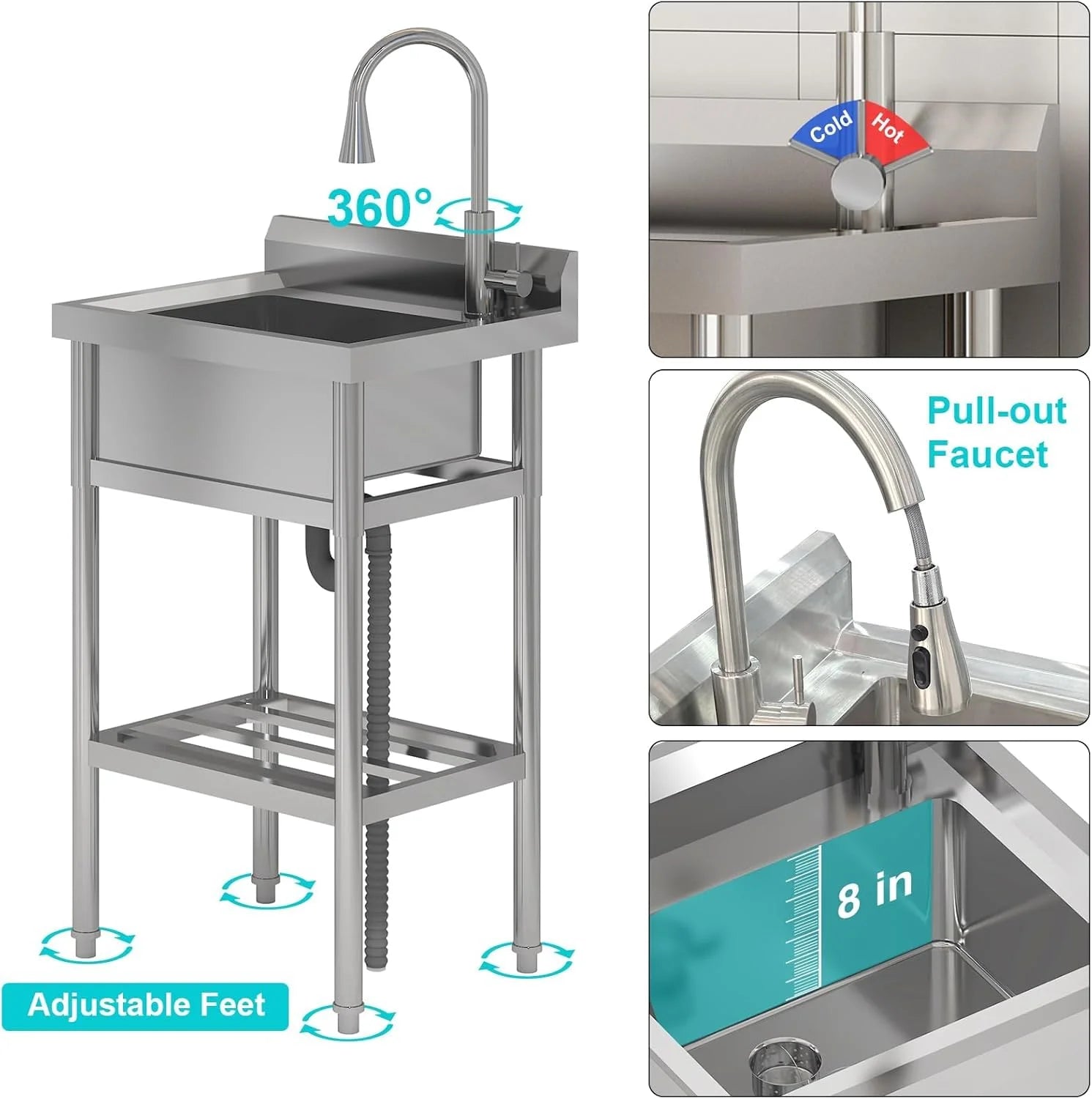 TROPOW 24x20x42 Inch Stainless Steel Utility Sink, Freestanding Single Bowl with Cold and Hot Water Pipe and Faucet, Commercial Sink Kitchen Sink for Restaurant Laundry Room Bathroom Garage Garden