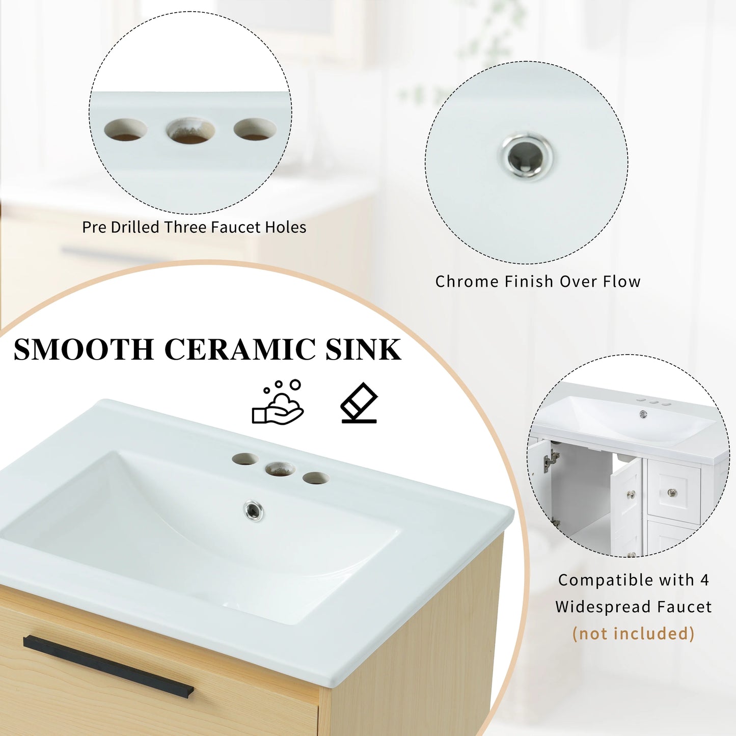 Harper & Bright Designs 24" Bathroom Vanity with Sink Set, Bathroom Vanity Cabinet with Ceramic Top and Drawer, Natural