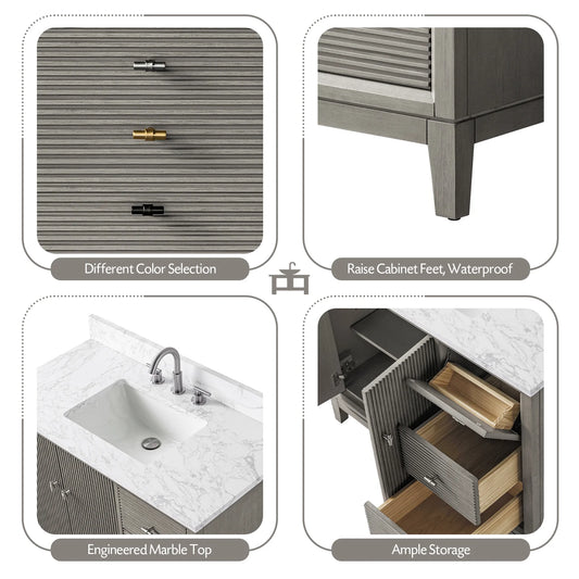 Vanity Art 42" Bathroom Vanity with Sink and Engineered Marble Top, Freestanding Storage Cabinet with 2 Drawers, 1 Shelf and Flip Down Tray