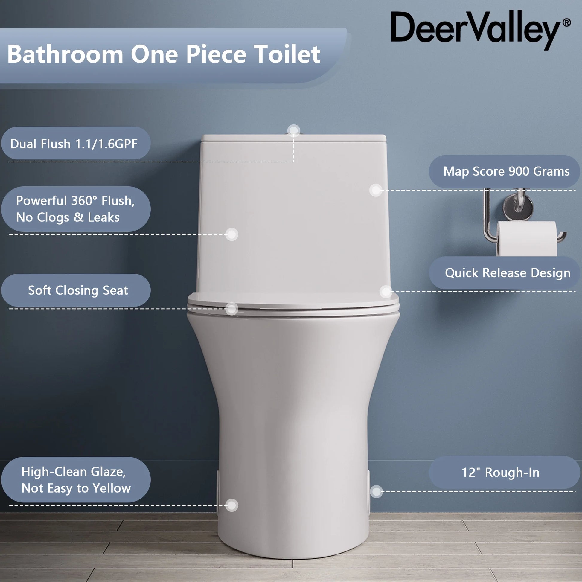 DV-1F0250 One Piece Toilet For Bathroom, Modern Bathroom Toilet with Dual Flush 1.1/1.6 Gpf Fully Skirted Toilets(Soft Close Seat)