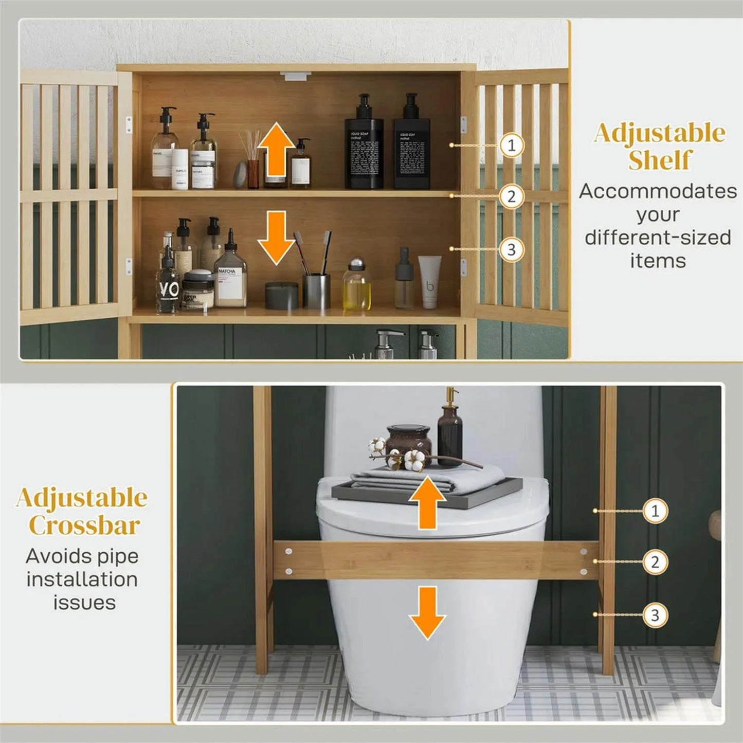 Finihen 67" Bamboo Over The Toilet Storage Cabinet with Adjustable Shelves, Bathroom Shelf Over Toilet Rack, Bathroom Storage Cabinet Organizer, Brown