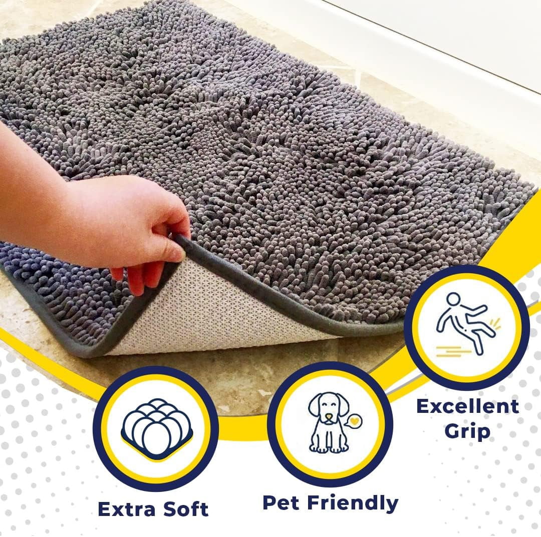 (4 pack) Muddy Mat® SHOWN ON TV Highly Absorbent Microfiber Door Mat and Pet Rug Non Slip Thick Washable Area and Bath Mat Soft Chenille for Kitchen Bathroom Bedroom Indoor and Outdoor - Grey Medium 30"X19"