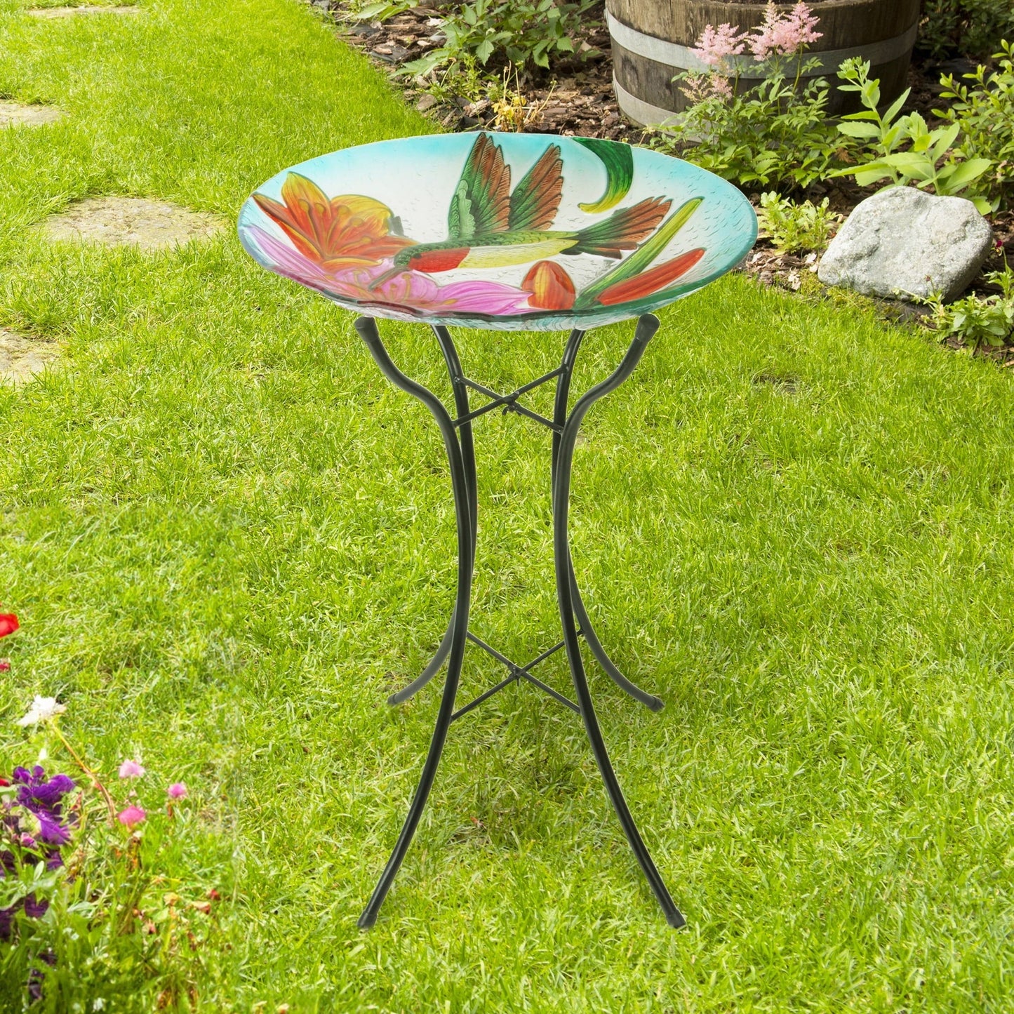 Teamson Home 18" Outdoor Glass Flower and Hummingbird Birdbath with Stand, Multicolor 45.7 x 45.7 x 53.8