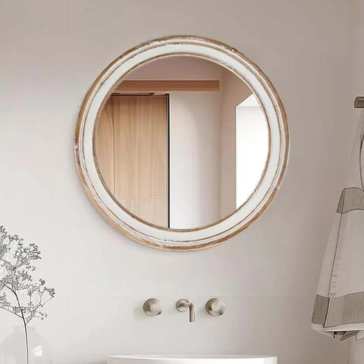 GZXS Farmhouse Round Wall Mirror with Antique Natural Finished Wood Frame, 35.4 Inches Rustic Decorative Mirror for Bathroom Vanity, Bedroom, Living Room, Entryway