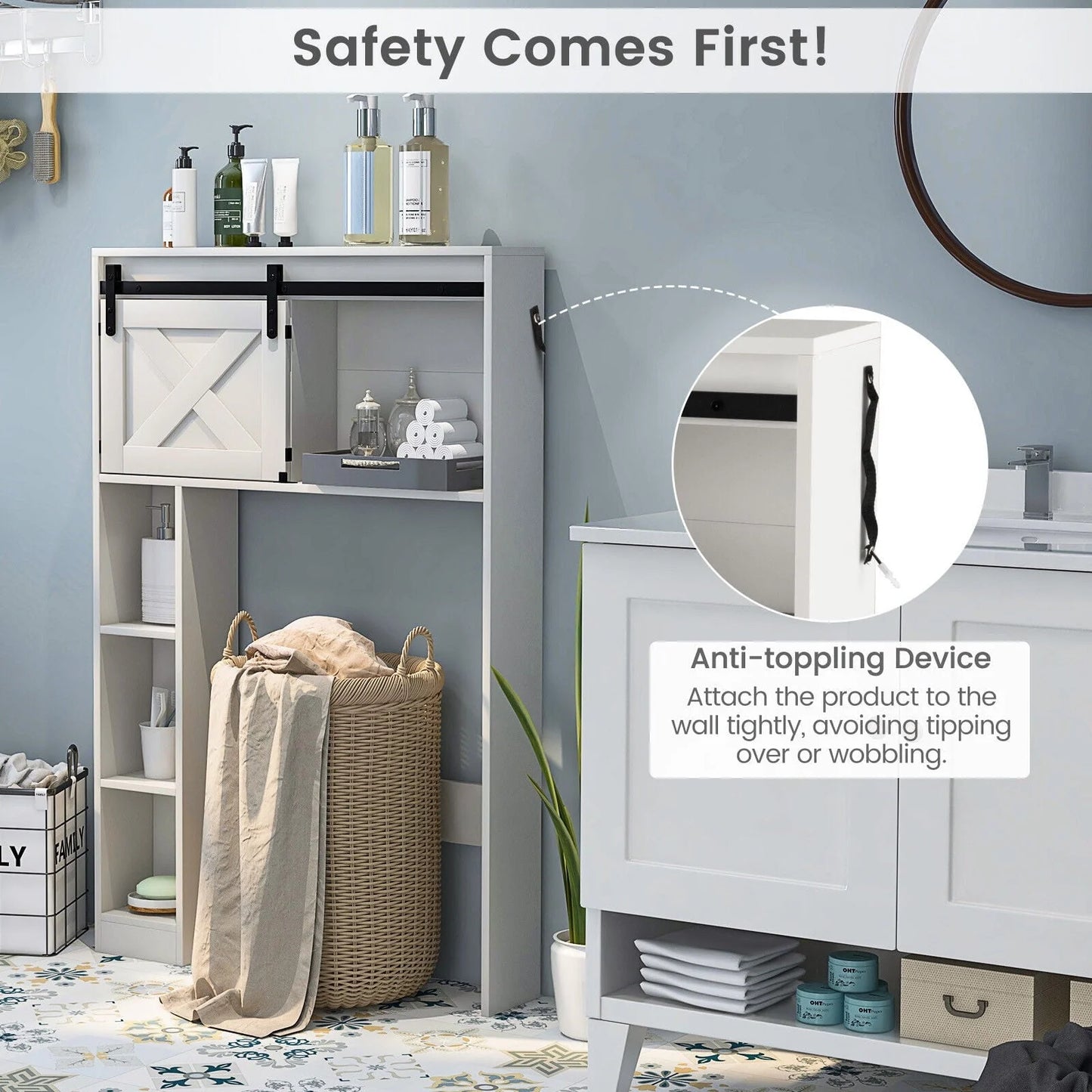 FONIRRA Over The Toilet Storage Cabinet with Sliding Barn Door Storage Shelves, Toilet Bathroom Organizer for Restroom Laundry, White