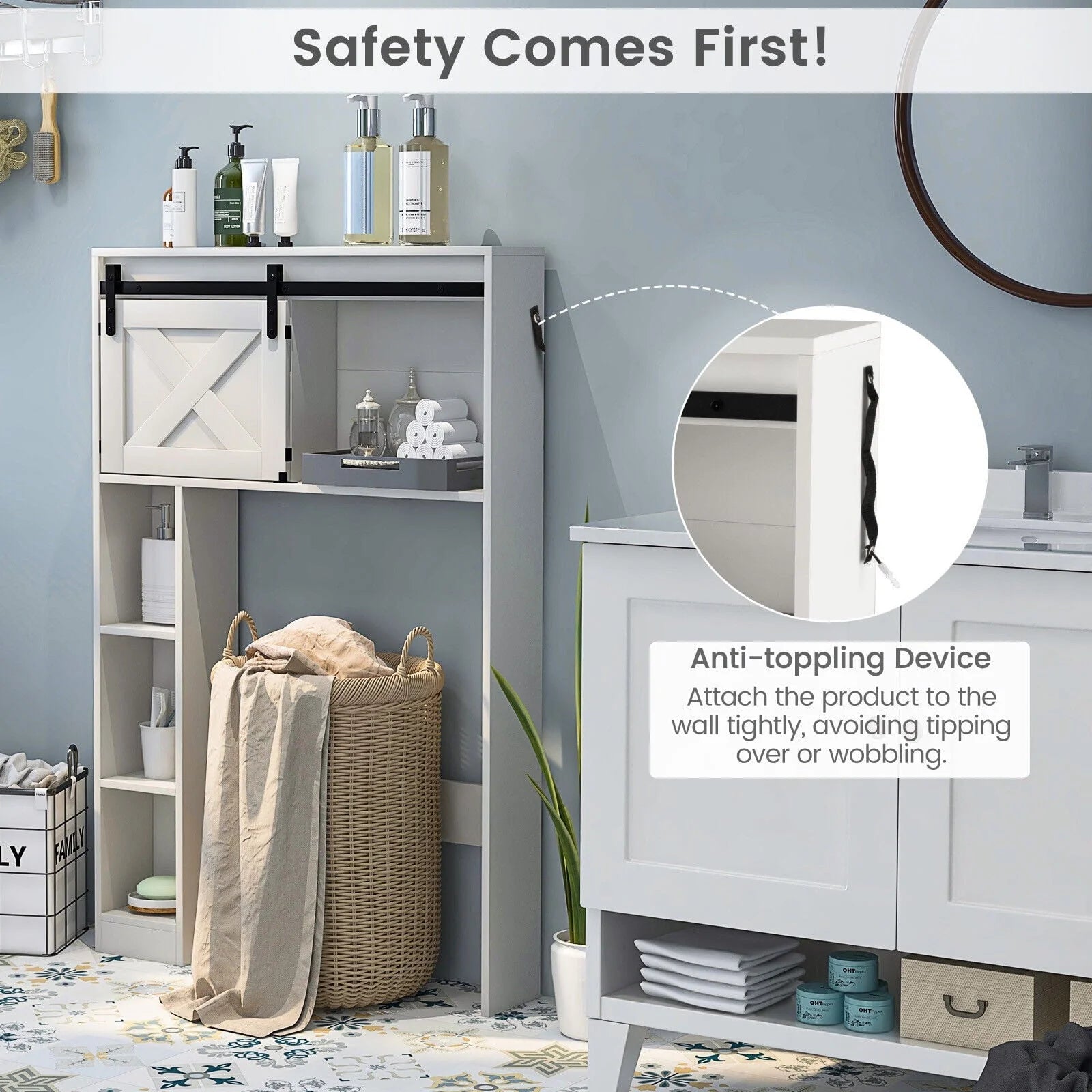 FONIRRA Over The Toilet Storage Cabinet with Sliding Barn Door Storage Shelves, Toilet Bathroom Organizer for Restroom Laundry, White