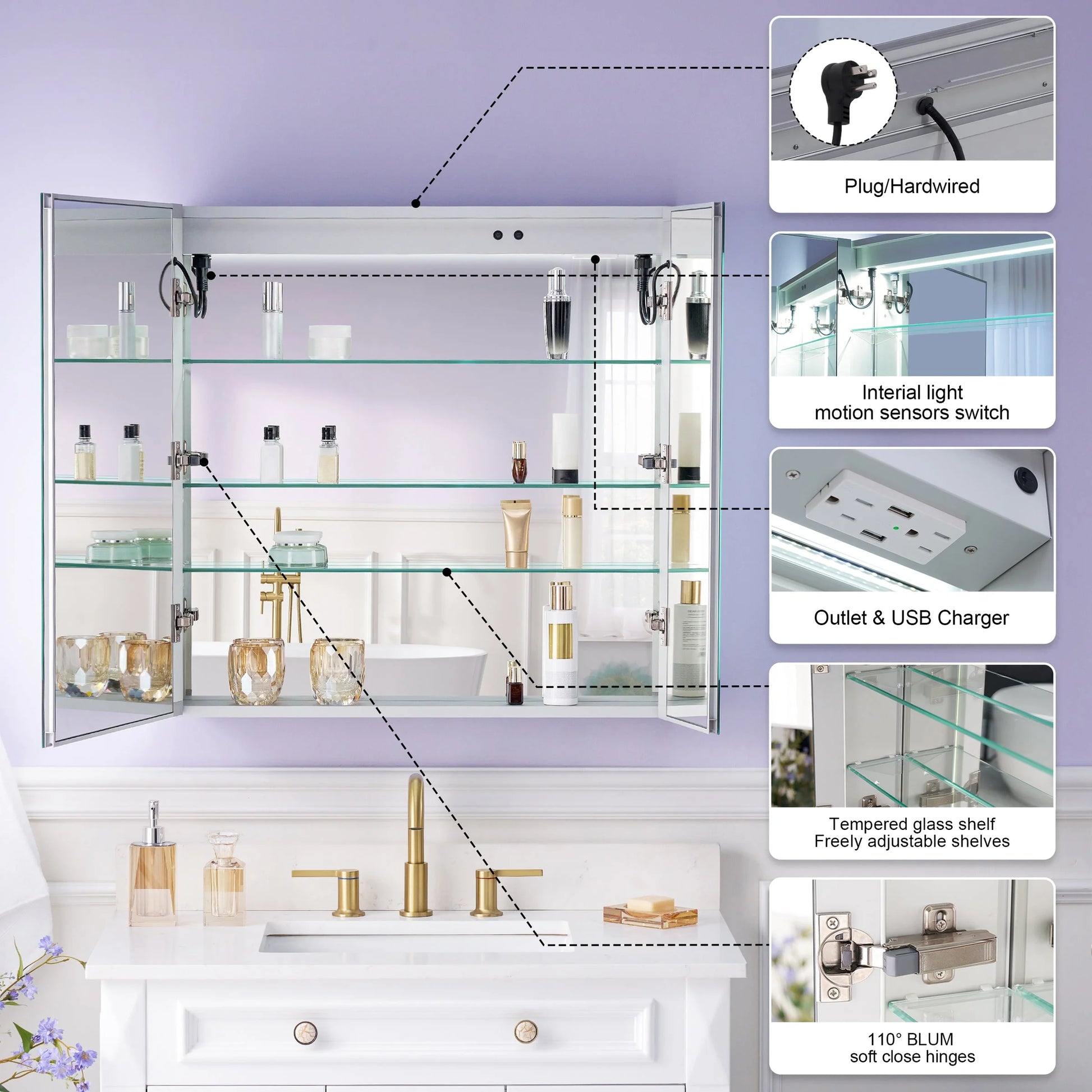 Forclover 30"x30" LED Mirror Medicine Cabinet for Bathroom with Defogger, Dimmer, Lights, Recessed or Surface Mount, Bathroom Cabinet with 3-tier Storage Shelves, Smart Touch, Anodized Aluminum