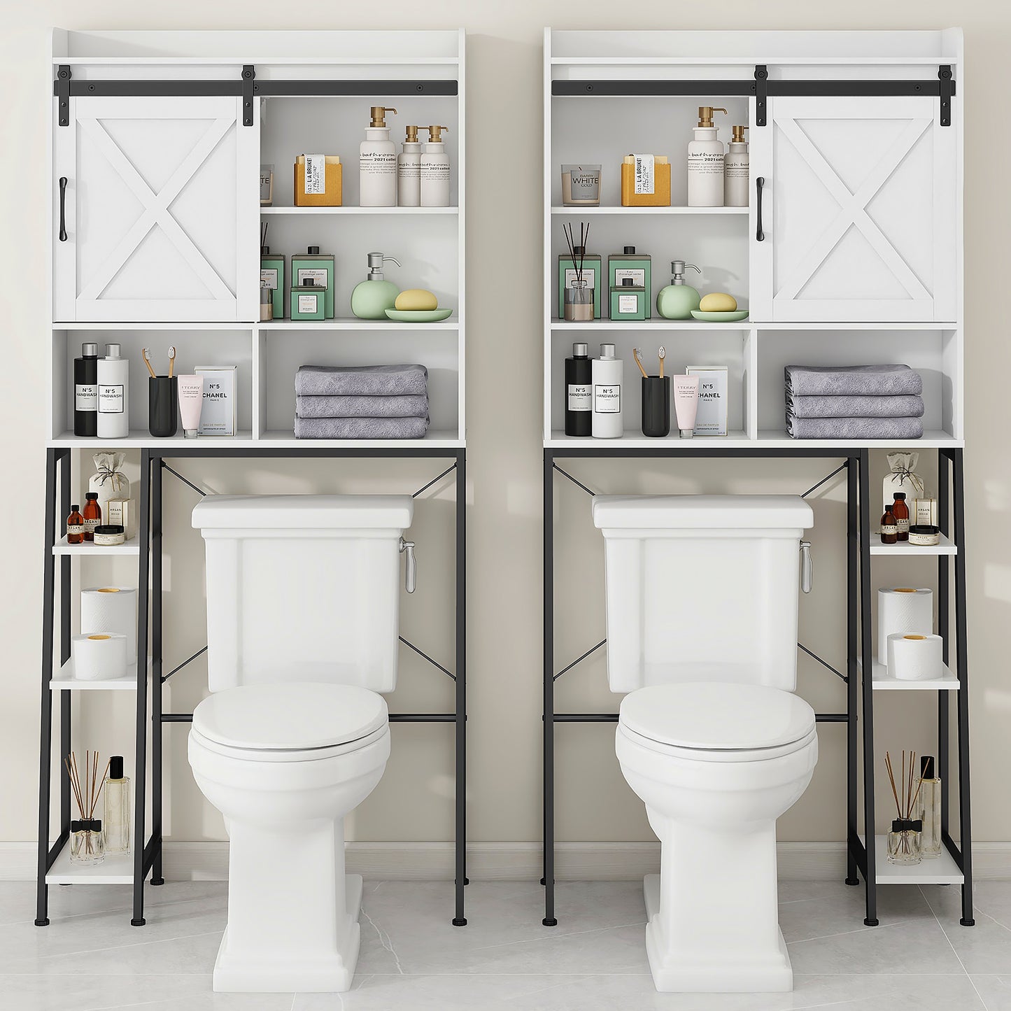 Vabches Over The Toilet Storage Cabinet with Sliding Door and Integrated Toilet Paper Holder, Ideal for Bathrooms, Restrooms, and Laundry Rooms.
