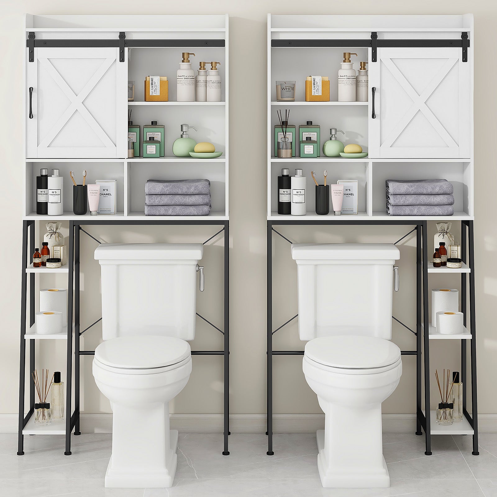 Vabches Over The Toilet Storage Cabinet with Sliding Door and Integrated Toilet Paper Holder, Ideal for Bathrooms, Restrooms, and Laundry Rooms.