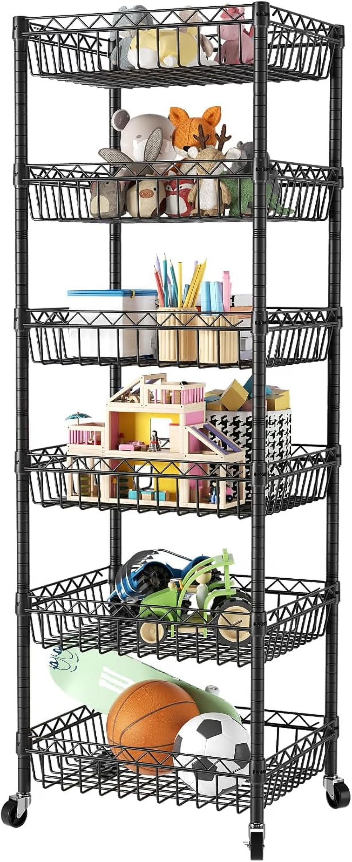 6 Tier Wire Shelving Unit with Wheels Baskets Storage Rack Corner Shelves Adjustable Shelf Closet Bathroom Organizers Metal Pantry Kitchen Garage Laundry Room 13.5" D x 13.5" W x 63" H White