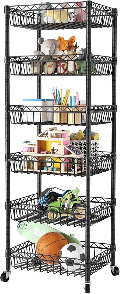 6 Tier Wire Shelving Unit with Wheels Baskets Storage Rack Corner Shelves Adjustable Shelf Closet Bathroom Organizers Metal Pantry Kitchen Garage Laundry Room 13.5" D x 13.5" W x 63" H White