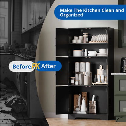 Cozy Castle 68.5" Kitchen Pantry Storage Cabinet with 6 Doors and 3 Shelves Tall Food Pantry Cabinet 4-Tier White Cabinet for Kitchen Living Room Dining Room Bathroom