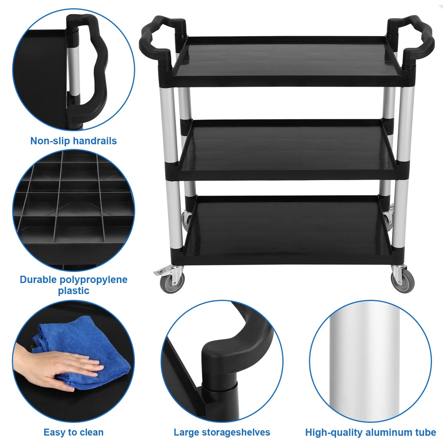 Utility Cart with Lockable Wheels,3-Tier Rolling Cart,360 lb Capacity Heavy Duty Cart for Warehouse,Kitchen,Office,Restaurant,Bathroom,Black