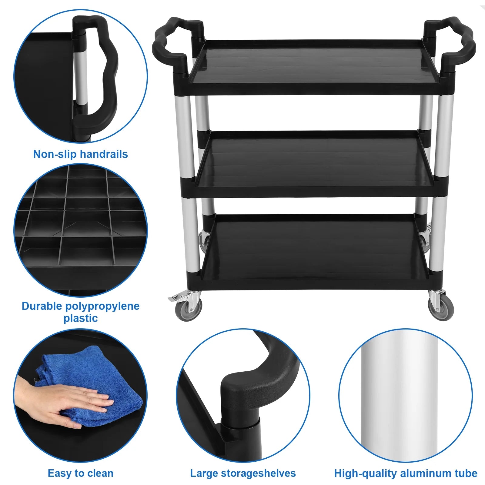 Utility Cart with Lockable Wheels,3-Tier Rolling Cart,360 lb Capacity Heavy Duty Cart for Warehouse,Kitchen,Office,Restaurant,Bathroom,Black