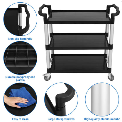 Utility Cart with Lockable Wheels,3-Tier Rolling Cart,360 lb Capacity Heavy Duty Cart for Warehouse,Kitchen,Office,Restaurant,Bathroom,Black