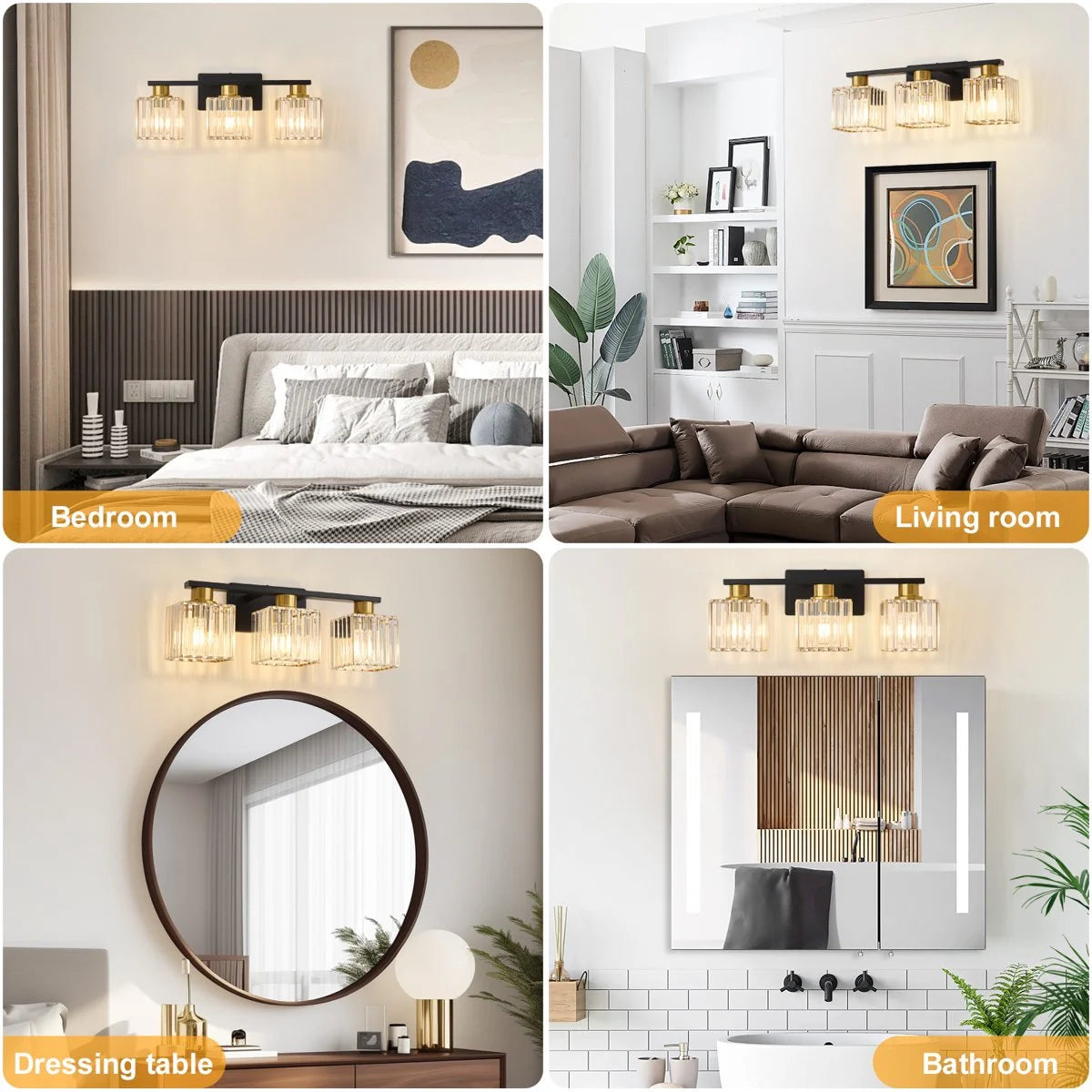 Deyidn Modern Bathroom Vanity Light 3-Lights Modern Black Gold Brushed Brass Finish Crystal Bathroom Wall Light Bathroom Vanity Light Fixtures