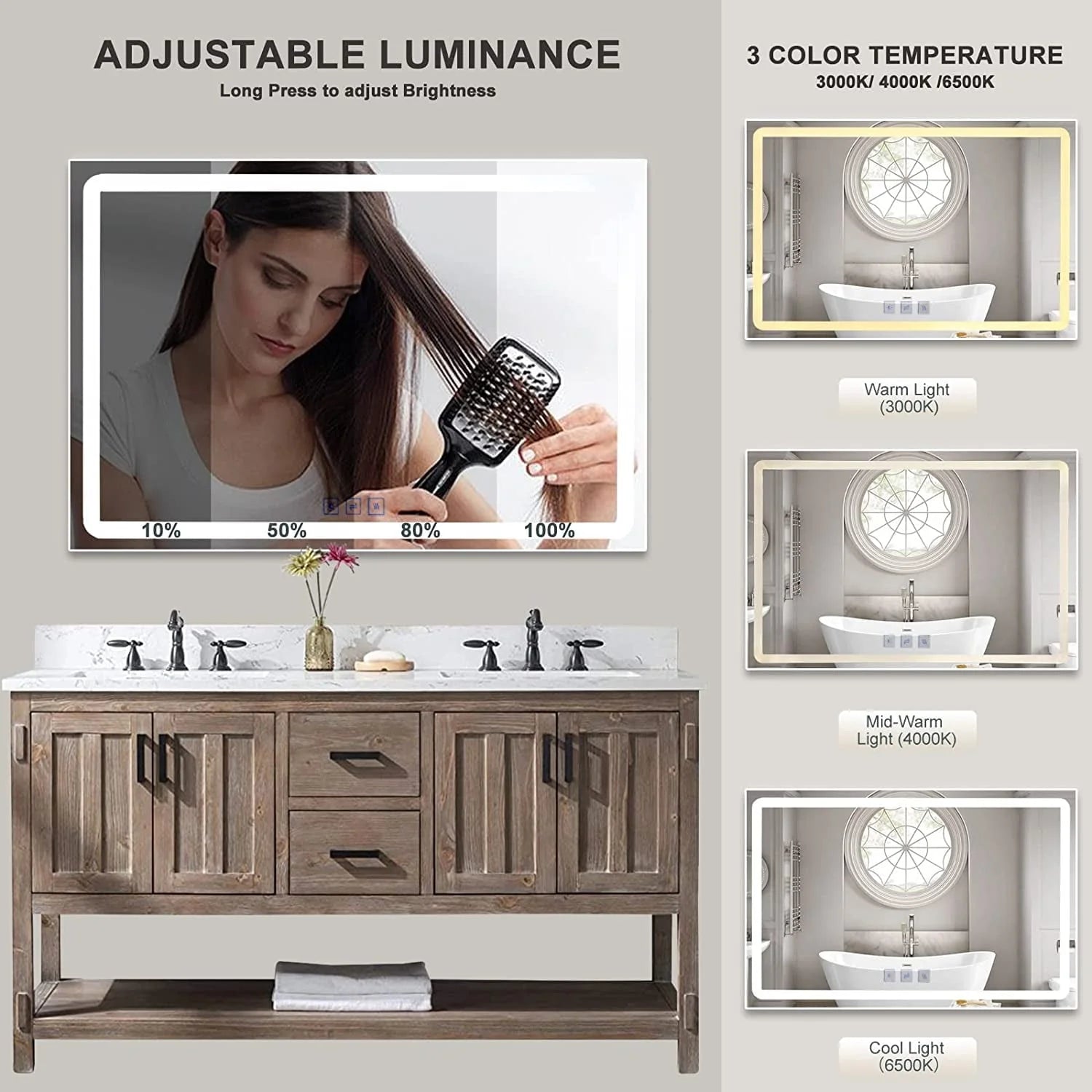 DURASPACE Bathroom Mirrors Wall Mirror Anti fog Mirror 48"x 32" with Waterproof Memory Function Touch Button, Rectangle (Vertical/Horizontal)