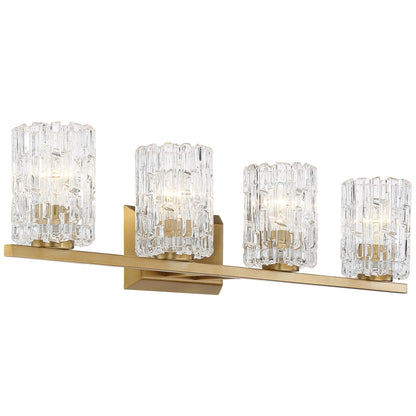 Possini Euro Design Icelight Modern Wall Light Warm Brass Hardwire 36" 4-Light Fixture Textured Ice Glass for Bedroom Bathroom Vanity Living Room