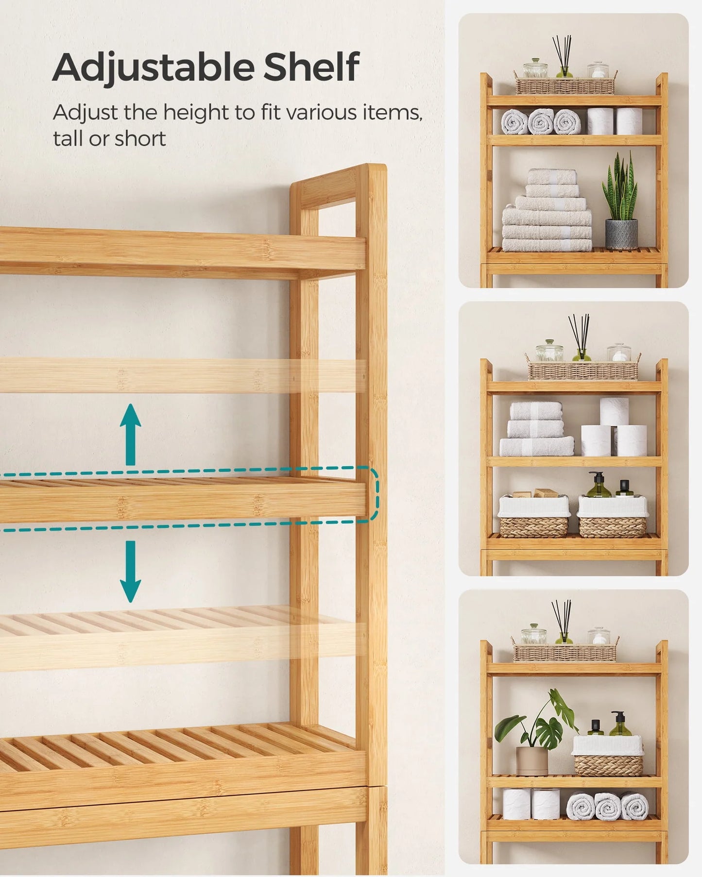 SONGMICS 3-Tier Over The Toilet Storage Bamboo Over Toilet Shelf Bathroom Storage Organizer with Adjustable Shelf Natural