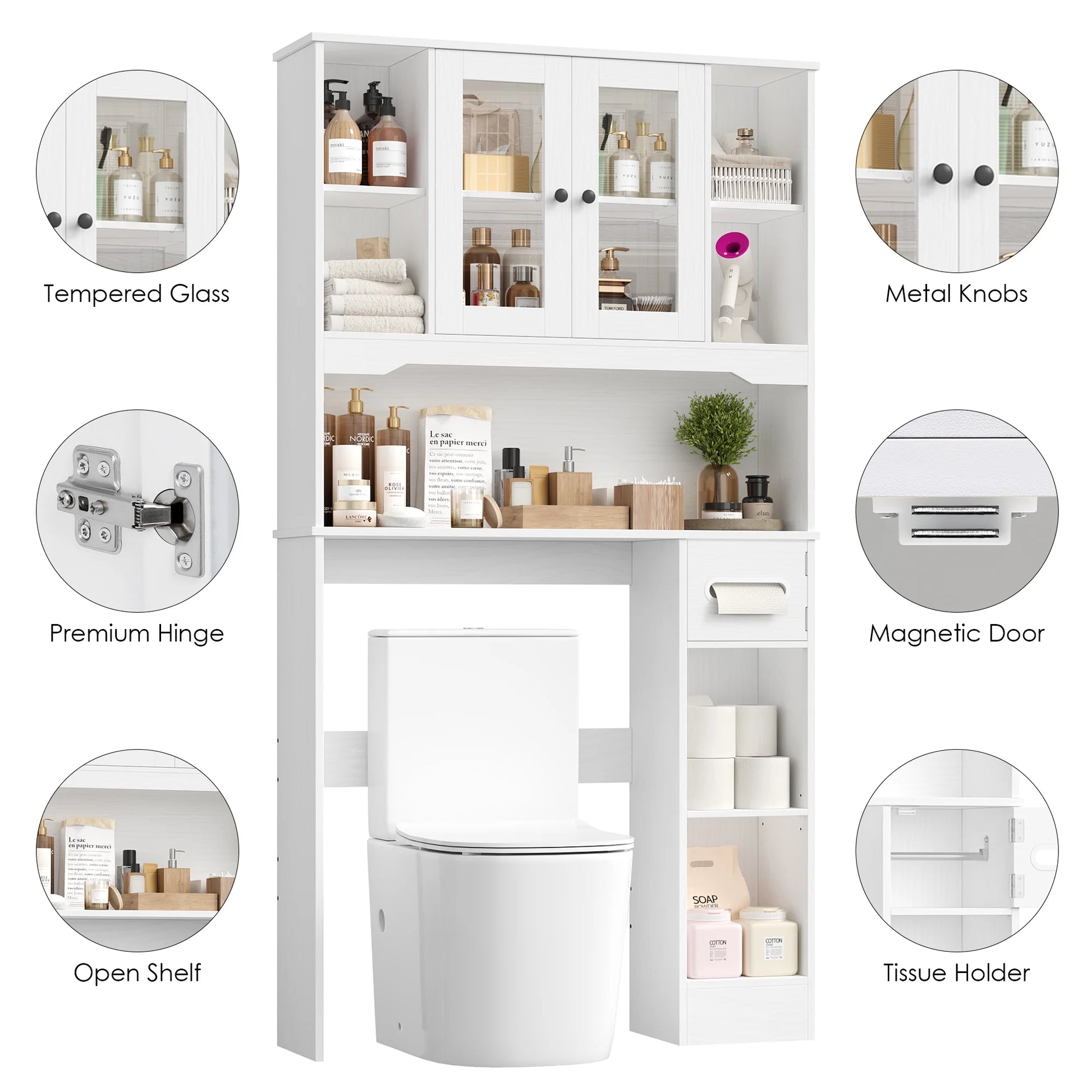 Homfa Over The Toilet Storage Cabinet with Toilet Paper Holder Stand, Above Toilet Organizer with Glass Doors, Behind Toilet Shelf for Restroom, Bathroom, Laundry, White