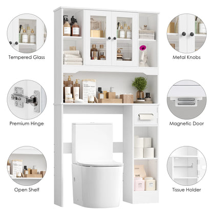 Homfa Over The Toilet Storage Cabinet with Toilet Paper Holder Stand, Above Toilet Organizer with Glass Doors, Behind Toilet Shelf for Restroom, Bathroom, Laundry, White