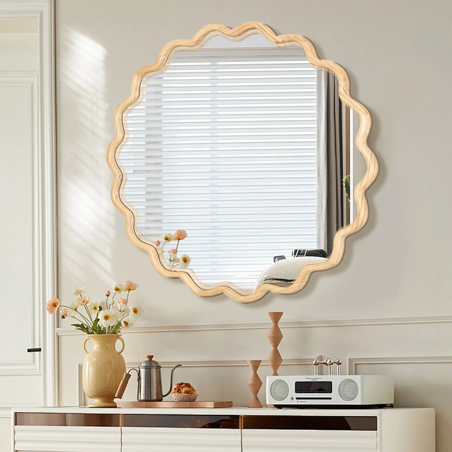 Dasun Solid Wood Wavy Square Mirror-Black 36" x 36" Modern Mirror Wall Decor for Bathroom, Bedroom, Living Room, Dining Room, Cloakroom, Entryway