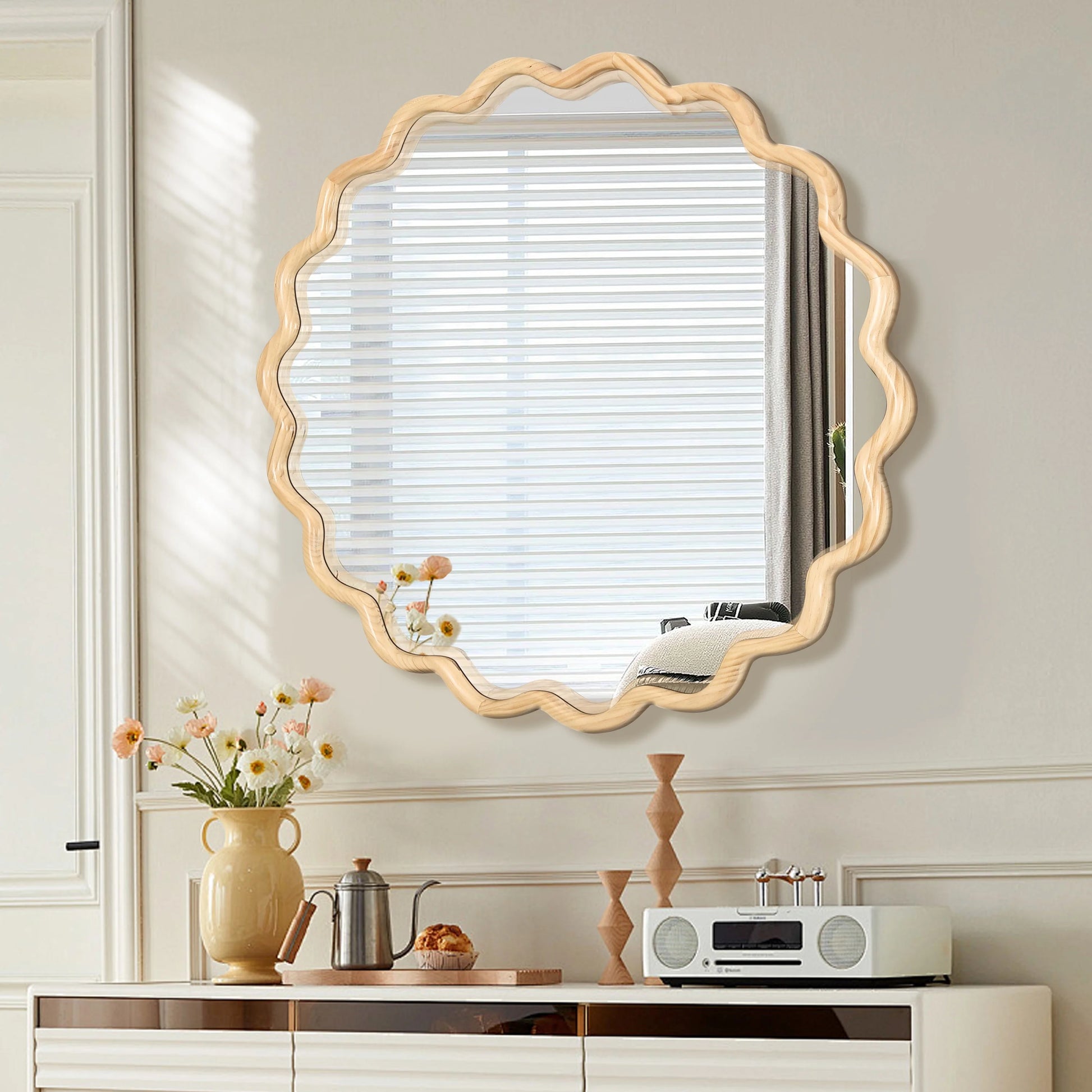 Dasun Solid Wood Wavy Square Mirror-Black 36" x 36" Modern Mirror Wall Decor for Bathroom, Bedroom, Living Room, Dining Room, Cloakroom, Entryway