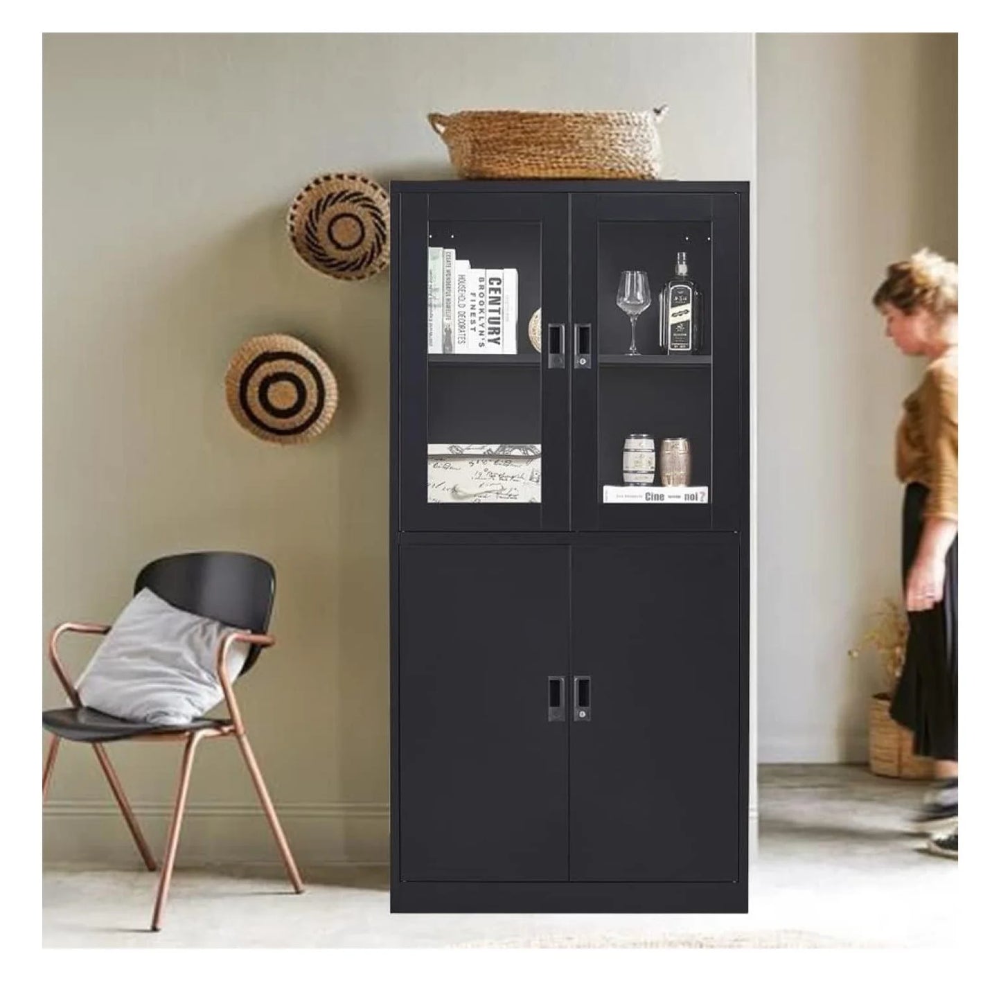 WDNMD9418 Storage Cabinet with Doors and Shelves,Display Cabinet with Glass Doors, Freestanding Kitchen Pantry Cabinet with Glass Doors and Shelves for Home Office, Pantry,Kitchen Bathroom