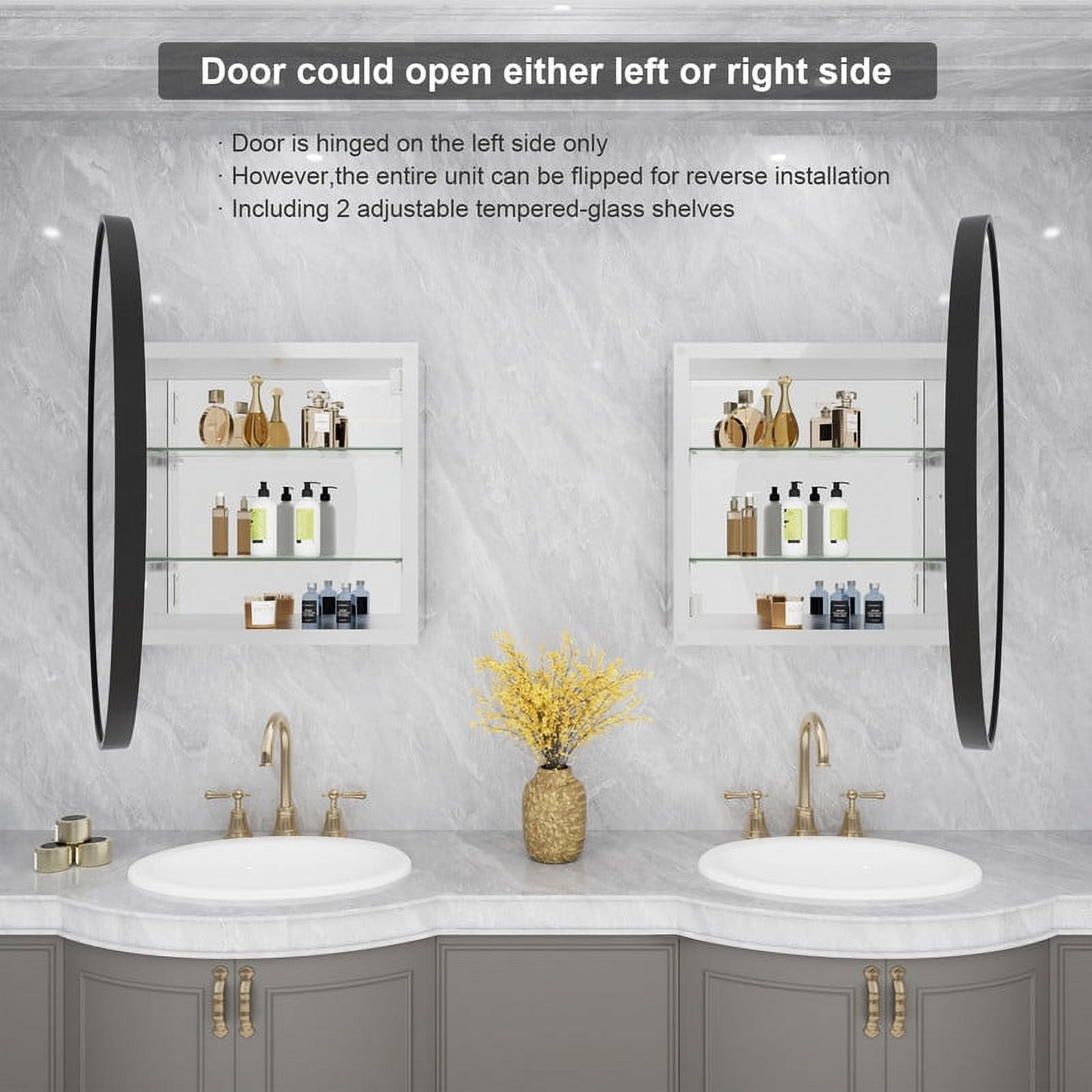 WallBeyond Bathroom Medicine Cabinet with Round Mirror Aluminum Framed 28", Gold