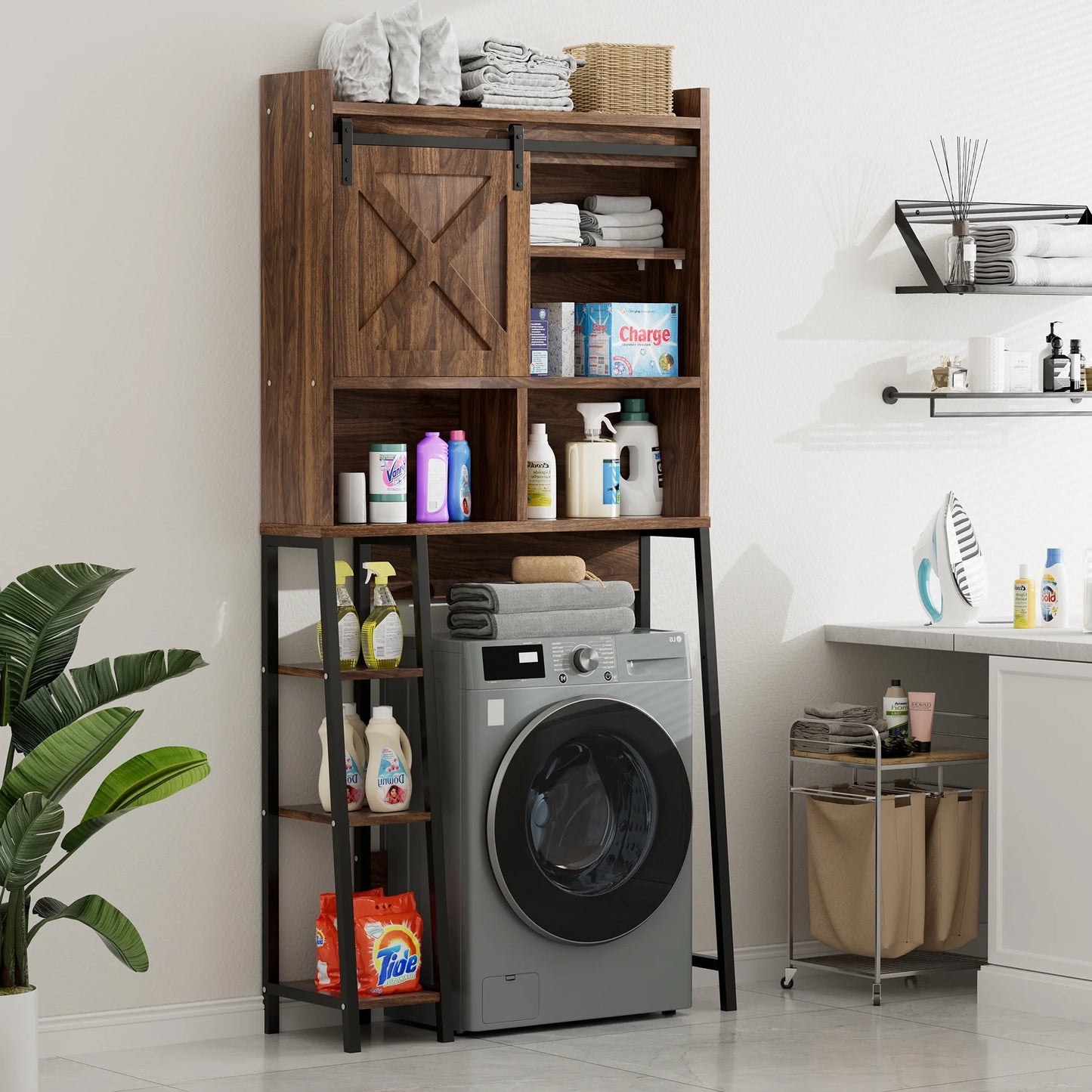 Walsunny Over the Toilet Storage Cabinet with Side Shelves Sliding Door Wooden Shelf Organizer for Restroom Bathroom Laundry,Walnut