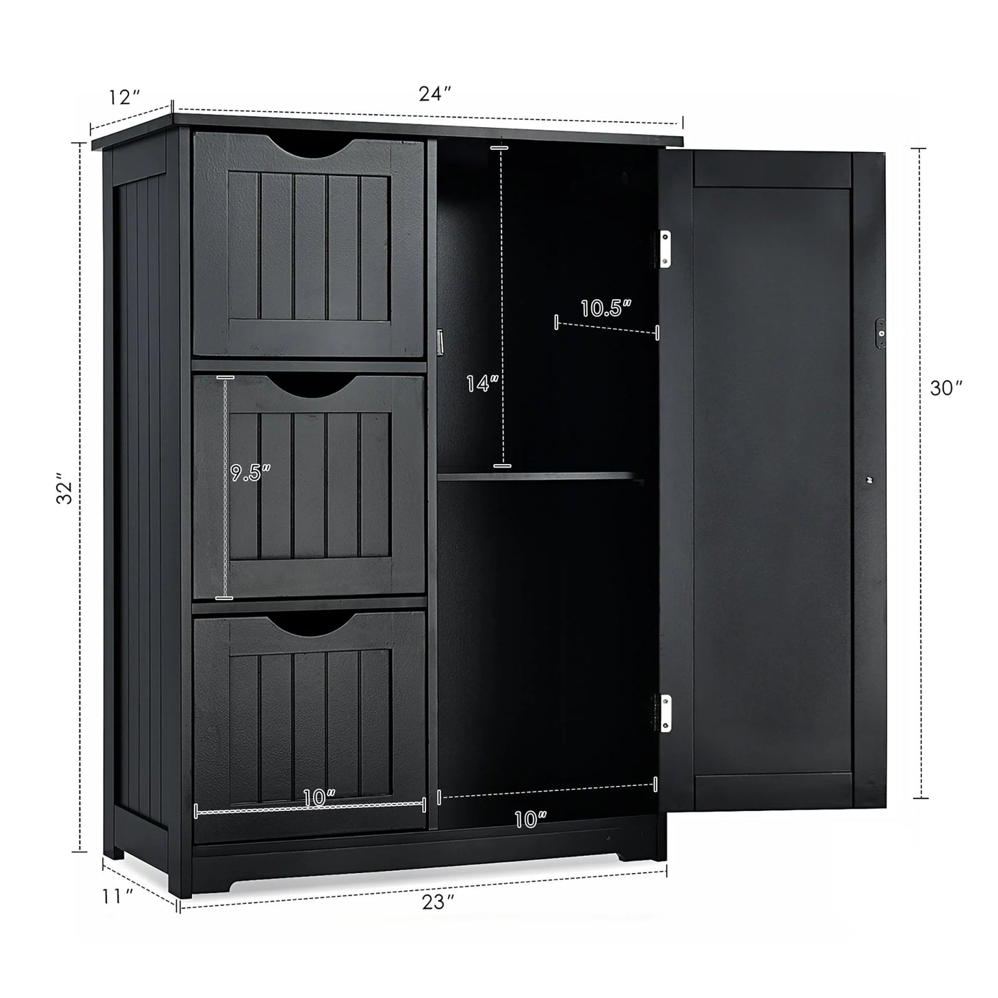 Costway Bathroom Floor Cabinet Side Storage Cabinet with 3 Drawers and 1 Cupboard Black