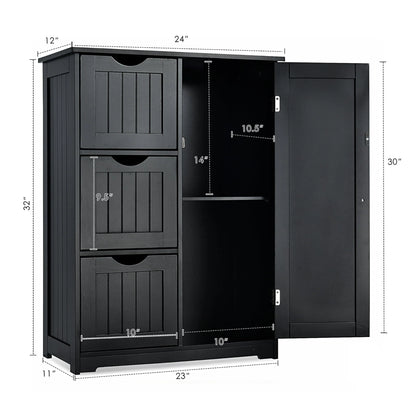 Costway Bathroom Floor Cabinet Side Storage Cabinet with 3 Drawers and 1 Cupboard Black