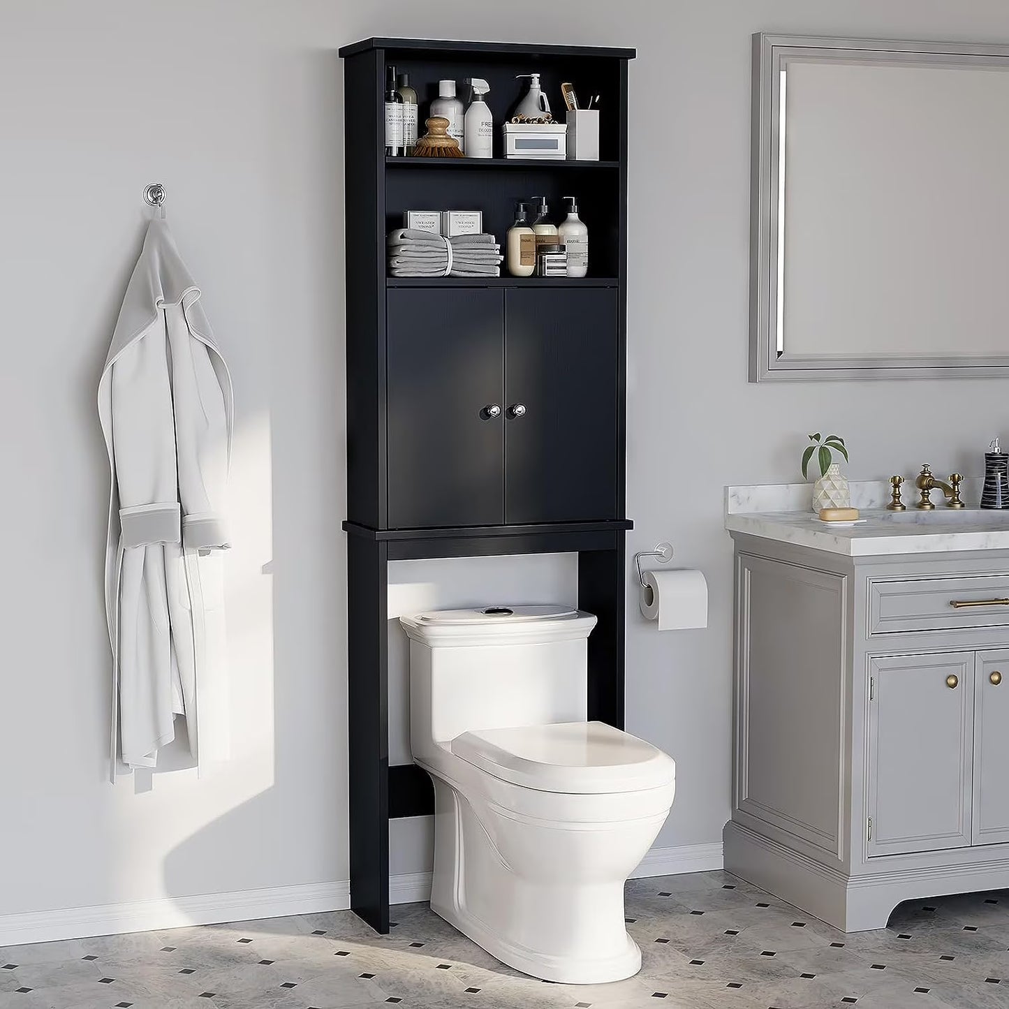 Sobaniilo Over The Toilet Storage Cabinet for Bathroom, Storage Organizer Over Toilet, Space Saver W/Adjustable Shelf & Open Storage Shelf, 75in, White