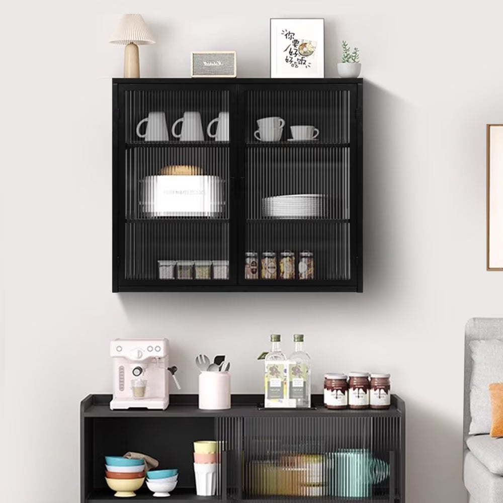 Hassch Wall Mounted Kitchen Pantry Sideboard with 2 Glass Doors, Metal Storage Cabinet Dining Cupboard for Bathroom Kitchen Living Room Dining Room, 27.56"L x 9.06"W x 23.62"H, White