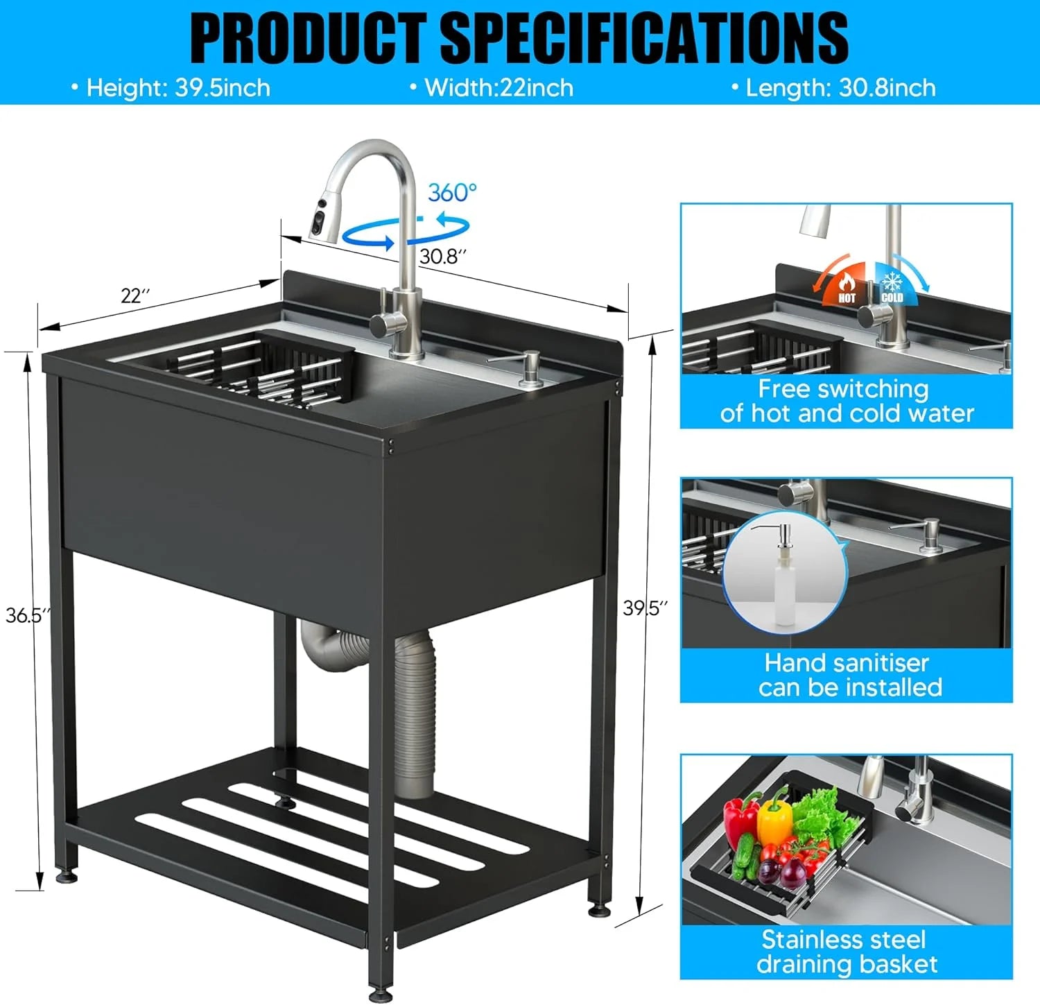 Stainless Steel Utility Sink, 30.8" × 22" × 39.5"Freestanding Sink with Cold and Hot Water Faucet,Hoses and Drain Kit for Kitchens, Bathrooms, Garage, Laundry Room