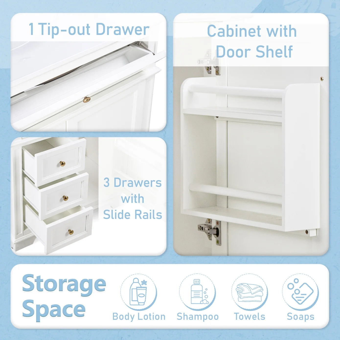 30 Inch Bathroom Vanity with Sink Combo, Solid Wood Frame Bathroom Vanities with 3 Drawers and 1 Tip-out Drawer & Soft Closing Doors, Modern Bathroom Sink Cabinet with Undermount Sink (White)