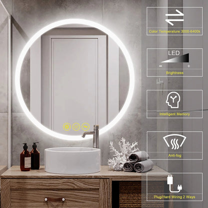 Brio Lighting SmartReflect Modern 32" Round LED Dimmable Anti-Fog Frameless Bathroom Vanity Mirror - Clear