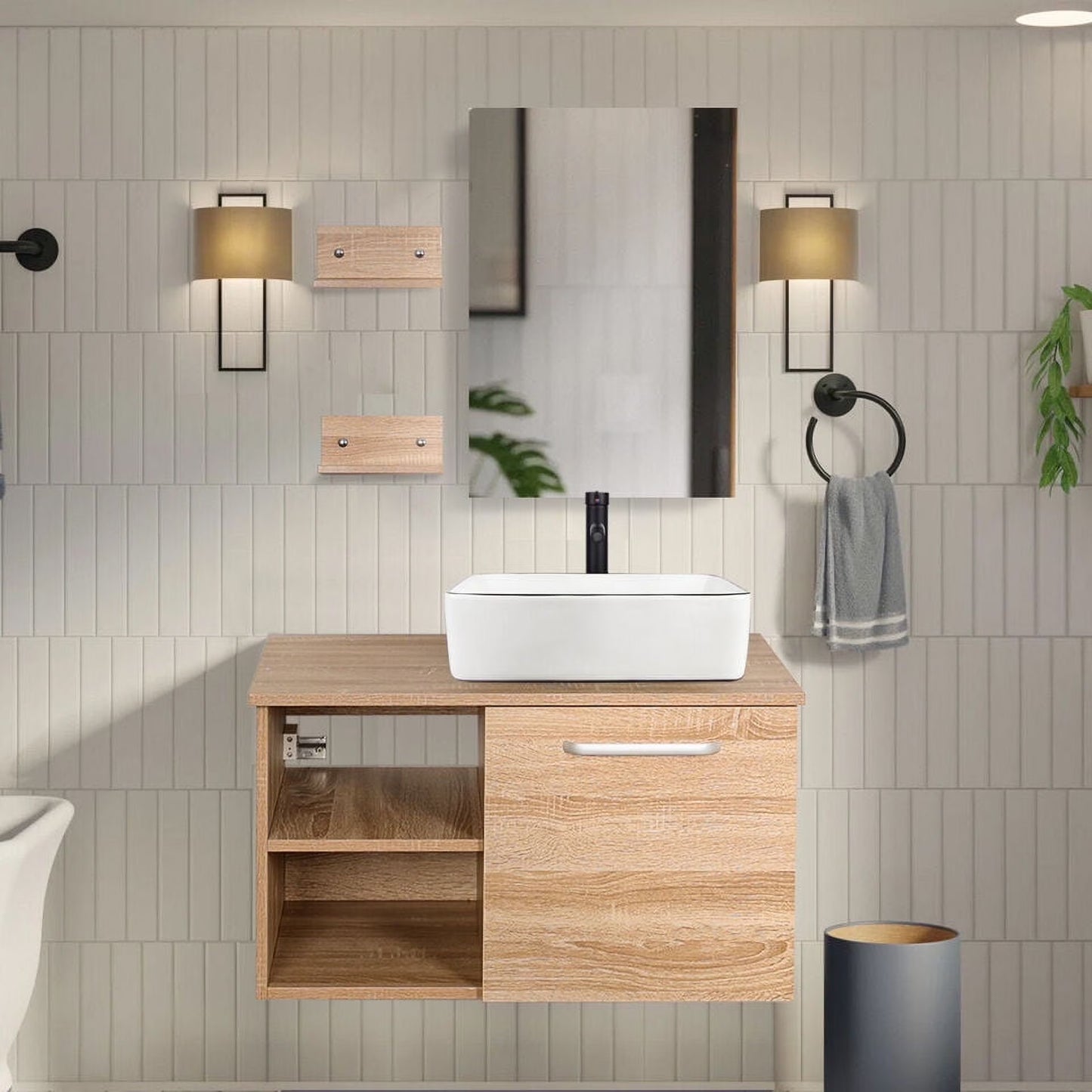 FULLWATT 28 Inch Modern Bathroom Vanity Set with Mirror Wall Mount Wood Color Cabinet Glass Sink Chrome Faucet and Pop Up Drain