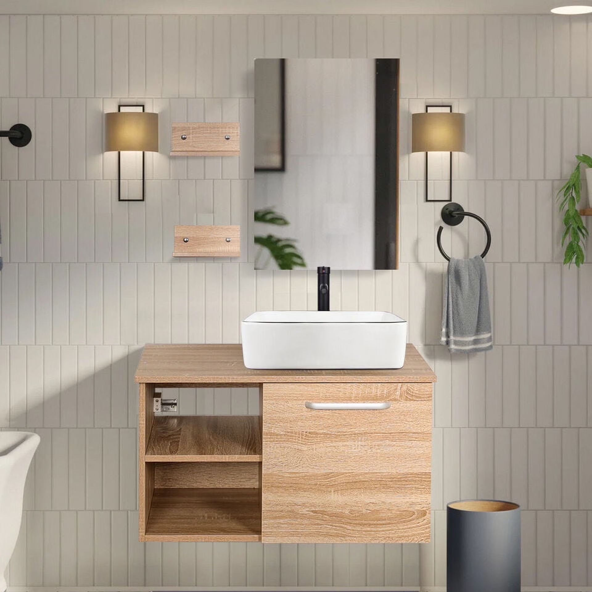 FULLWATT 28 Inch Modern Bathroom Vanity Set with Mirror Wall Mount Wood Color Cabinet Glass Sink Chrome Faucet and Pop Up Drain