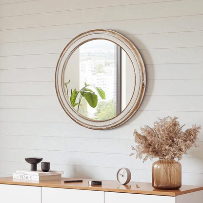 GZXS Farmhouse Round Wall Mirror with Antique Natural Finished Wood Frame, 35.4 Inches Rustic Decorative Mirror for Bathroom Vanity, Bedroom, Living Room, Entryway
