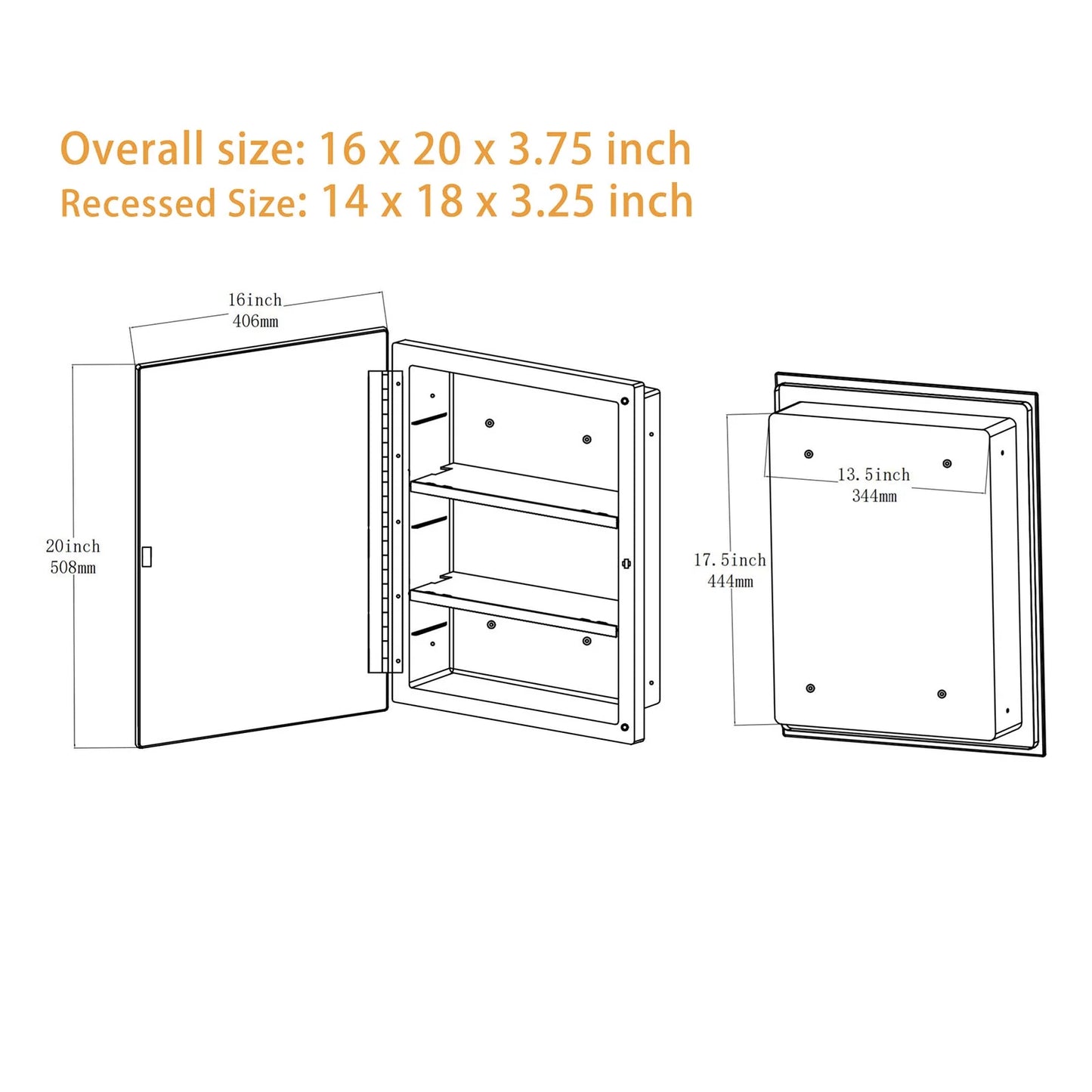 Black Plastic Bathroom Medicine Mirror Cabinet Beveled Edge, 16 x 20 inch, Surface and Recessed Mount