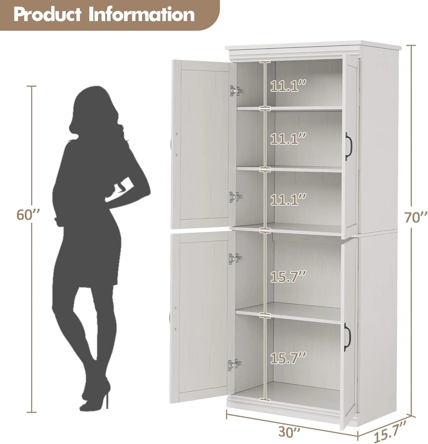 Ataucjin 70" Tall Kitchen Pantry Cabinet, Freestanding Cupboard Kitchen Pantry Storage Cabinet, Freestanding Cupboard with Doors and Adjustable Shelves, for Bathroom, Dining Room, Living Room