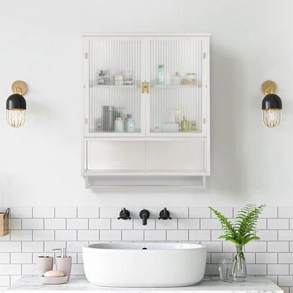 Tcbosik Modern Metal Wall Storage Cabinet with 2 Glass Door and Detachable Shelf, Open Shelf, and Towel Bar, Vintage Cabinet for Kitchen Dining, Bathroom, Living Room, White
