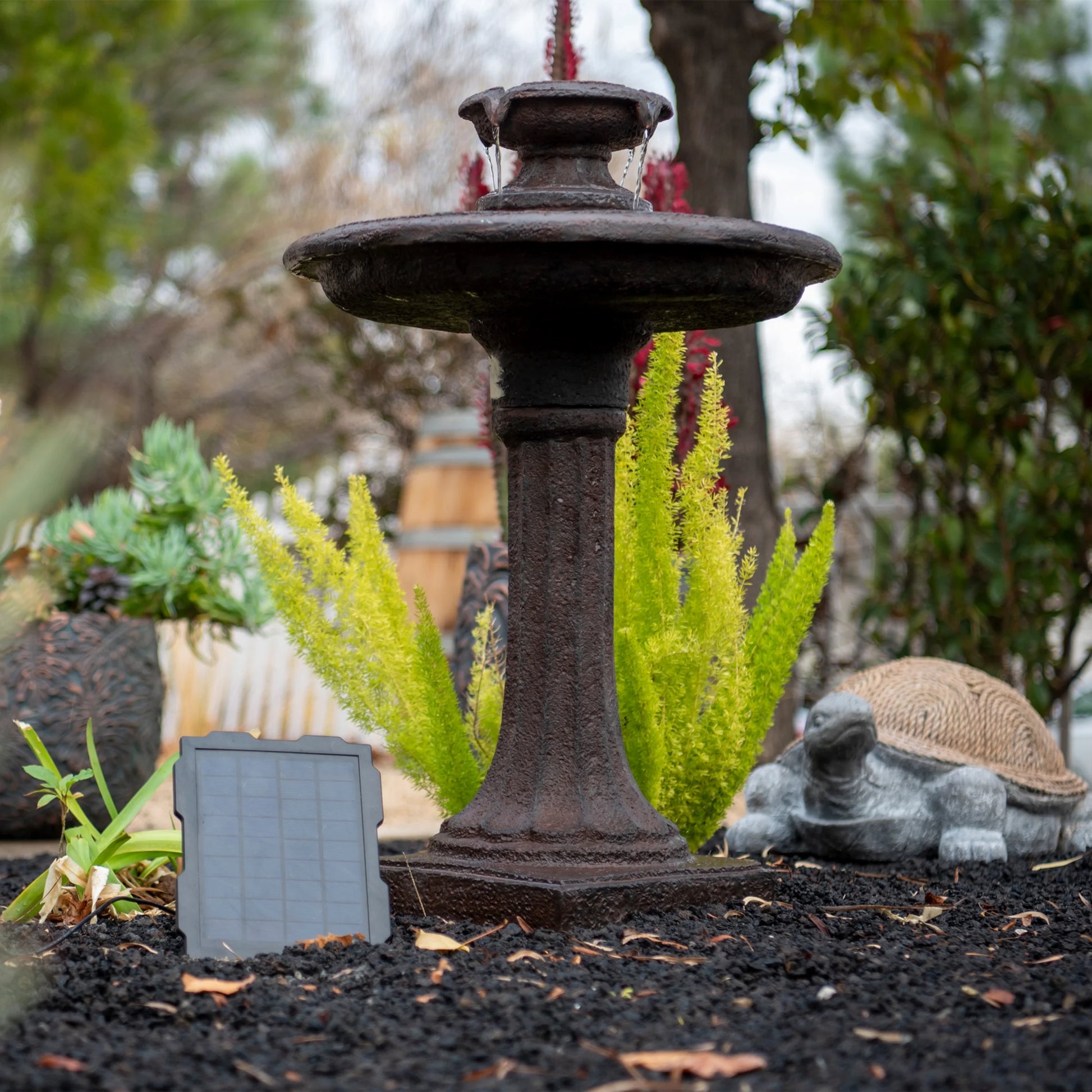 XBrand 28" Solar Water Fountain, 1-Tier, Outdoor Birdbath, Brown Resin, With Solar Panel, Solar Pump, Lawn and Garden, Garden Décor, Garden Water Feature