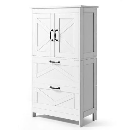 KFFKFF 4-Tier Bathroom Floor Cabinet, Wooden Storage Organizer with 2 Doors, 2 Drawers, and Adjustable Shelf, Freestanding Cupboard for Kitchen, Living Room, or Entryway, White