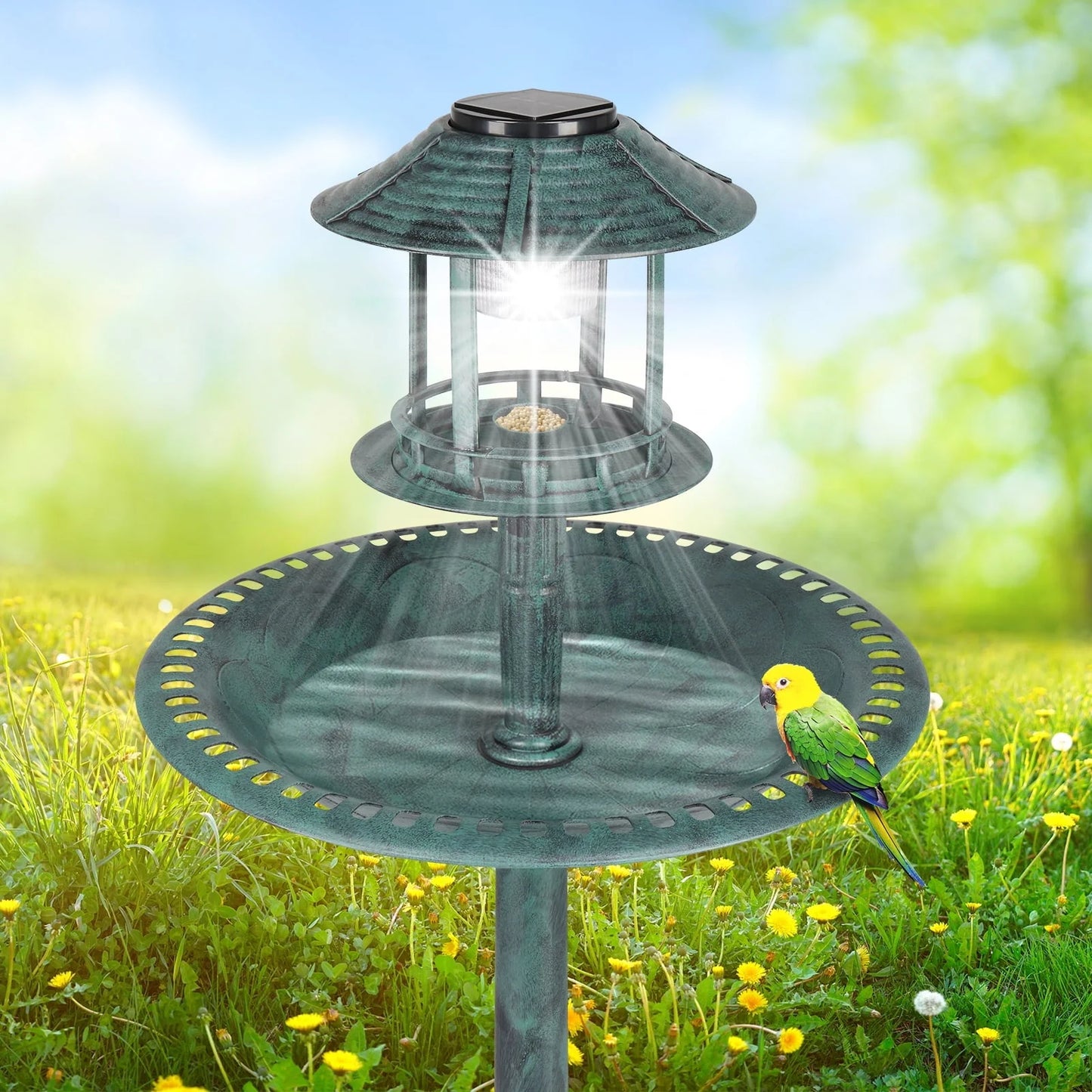 UBesGoo Bird Bath Dark Green 42 Inch w/ Solar Light Antique Copper Weather Resistant Birdbaths