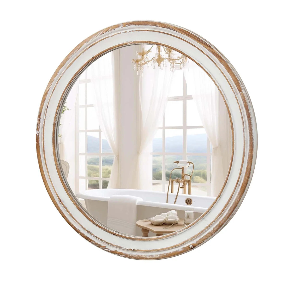 GZXS Farmhouse Round Wall Mirror with Antique Natural Finished Wood Frame, 35.4 Inches Rustic Decorative Mirror for Bathroom Vanity, Bedroom, Living Room, Entryway