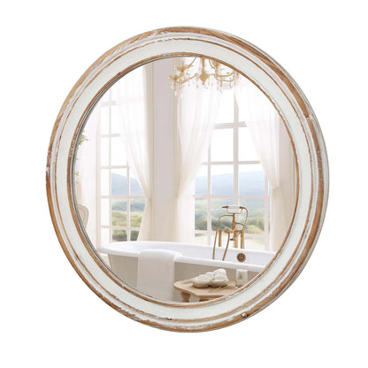 GZXS Farmhouse Round Wall Mirror with Antique Natural Finished Wood Frame, 35.4 Inches Rustic Decorative Mirror for Bathroom Vanity, Bedroom, Living Room, Entryway
